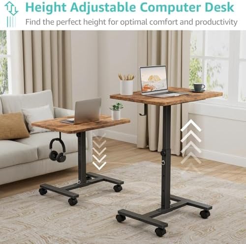 WINAZ Small Portable Laptop Rolling Desk - 24 Inch Mobile Computer Desk Adjustable Height on Wheels for Small Spaces, Couch Kids Desks End Side Table, Teacher Podium for Classroom, Rustic Brown