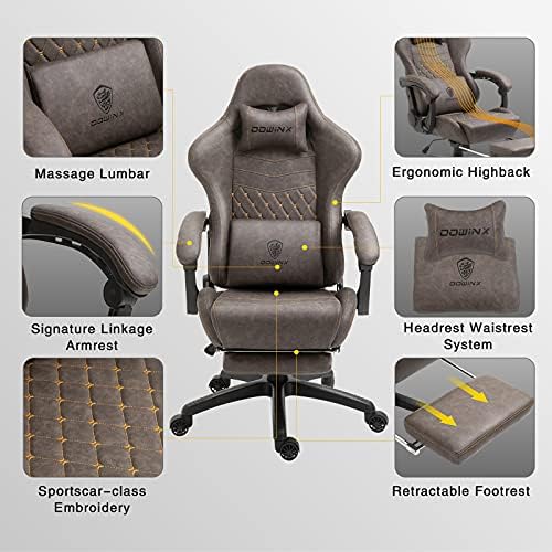 Dowinx Gaming Chair Big and Tall, Ergonomic Game Chair for Adults with Footrest and Massage Lumbar Support, High Back Computer Gamer Chair PU Leather, 350Lbs, for Office, Home, Brown