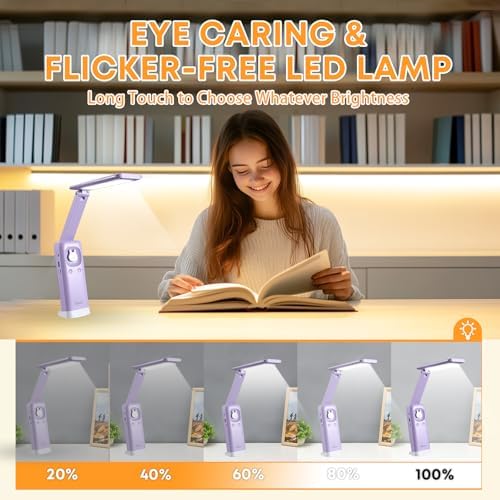 VAVOFO Cute Bunny Desk Lamp, Foldable LED Rechargeable Table Light, Eye-Caring Reading Lamp, 3 Color Modes & Dimmable, for Kids Girls Bedroom Study Dorm Room（Purple）