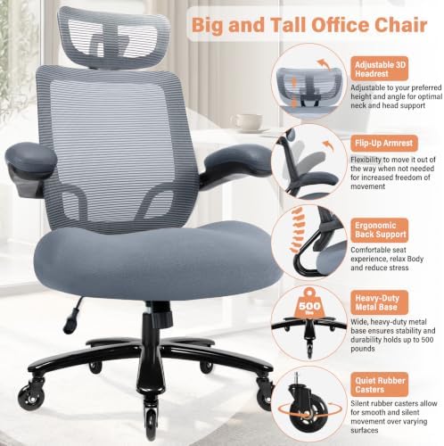 Big and Tall Office Chair with 500 LBSCapacity and Memory Foam Seat, Grey