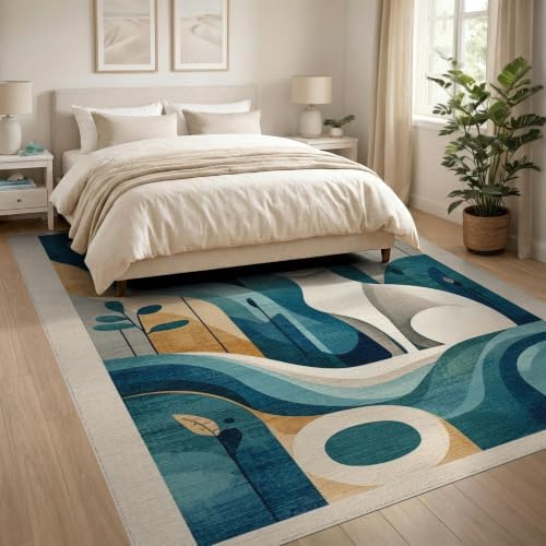 8'x10' Teal Blue Cat Boho Abstract Design Washable Area Rug