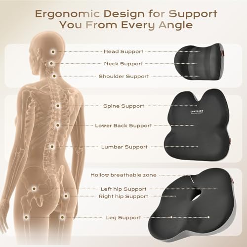 Coverado Seat Cushions Neck Pillow Lumbar Support Pillow for Car, Memory Foam Office Chair Back Support Orthopedic Coccyx Cushion with Non-Slip Bottom Neck Butt Back Pillow for Chair Truck Gray&Black