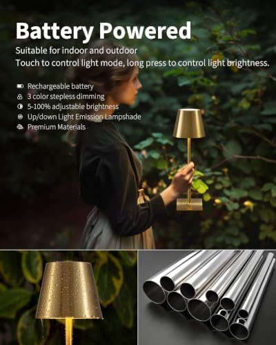KDG 2 Pack Cordless Gold Table Lamps, Rechargeable Portable LED Desk Lamps