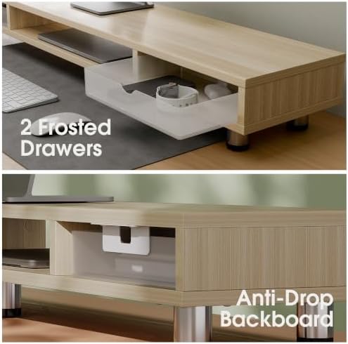 Fenge Dual Monitor Riser with 2 Drawers, 42.5in Long Desk Shelf, Oak