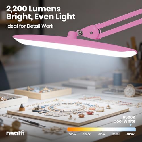 Neatfi XL 2200 Lumens 24W LED Desk Lamp – Shadow-Free Task Lighting | 4-Level Dimming | Home Office & Crafts Use | 20-Inch Wide Head (Pink, Non-CCT with Clamp)