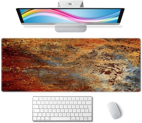 Gaming Mouse Pad, Large Mouse Pads for Desk, Non-Slip Rubber Base Mousepad, Keyboard Mouse Mat Desk Pad with Stitched Edges, 31.5x11.8 inch Brown Rust Colorful Metal Rusty Pattern