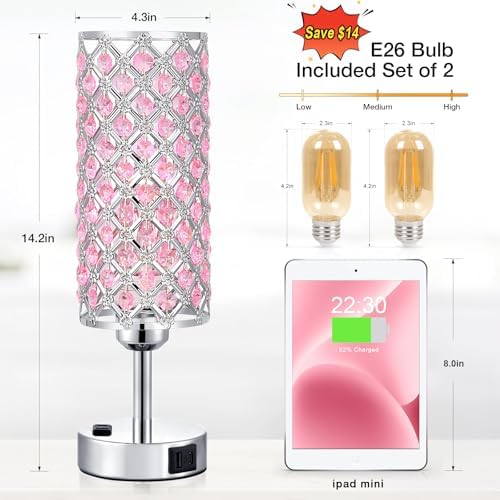 Hong-in Pink Crystal Lamp Set of 2, 3 Way Dimmable Touch Lamp for Bedroom with Crystal Shade, Bedside Nightstand Lamps for Living Room Bedroom Home Office