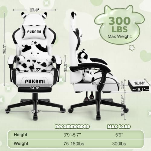 Cute Gaming Chair with Cow Paw Lumbar Cushion, Ergonomic Gaming Computer Desk Chair with Footrest and Linked Armrests, Comfortable Cute Cow PU Leather Game Chair for Teen and Adults