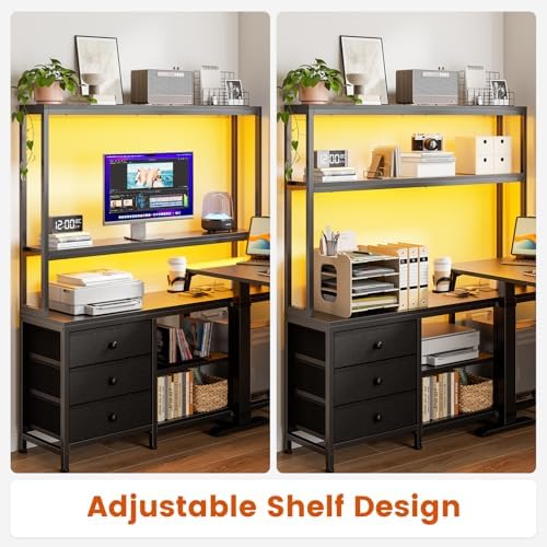 REAHOME 65Inch Black L Shaped Standing Desk with Drawers and Hutch