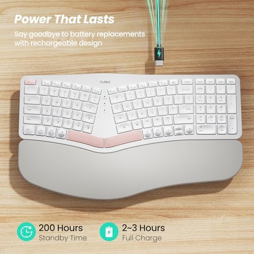 Nulea Wireless Ergonomic Keyboard, Split Keyboard with Cushioned Wrist Rest, USB and Bluetooth Connectivity, USB-C Rechargeable, Compatible with Windows Mac（Pink-White）