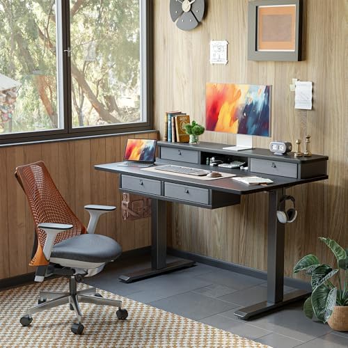 TIQLAB 55 * 28 Inch Standing Desk with Four Drawers, Electric Sit Stand Table, Stand Up Desk Adjustable Height with Storage Shelf, Splice Board, Black