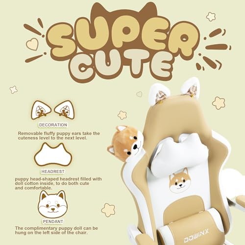 Dowinx Gaming Chair with Cat Ears and Massage Lumbar Support, Ergonomic Computer Chair with Footrest and Headrest, Comfortable Reclining Game Chair 290lbs for Adults, Brown