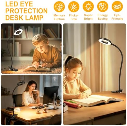 Eye-Caring Clip On Desk Lamp, 3 Modes 10 Dimming Levels, Black