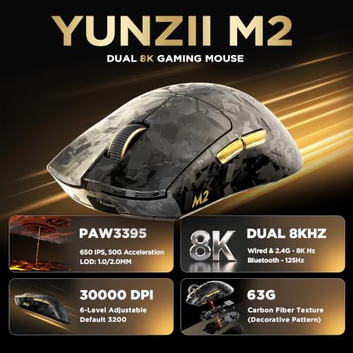 YUNZII M2 Dual 8K Wireless Gaming Mouse, PAW3395, 6-Level DPI(Black)