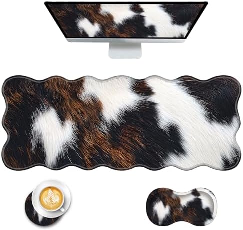 Mouse Pad with Wrist Support + Desk Mat + Coaster 3 in 1 Set, XL Large Gaming Mousepad Ergonomic Mouse Pads for Desk Computer Laptop Office,Cute Cowhide Brown Black Cow