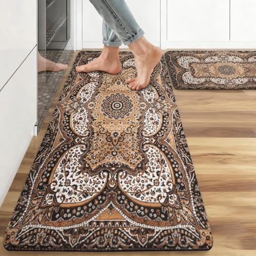 Rustic Farmhouse Kitchen Mat Set 2PCs, 17.3"x47" + 17.3"x29", Brown
