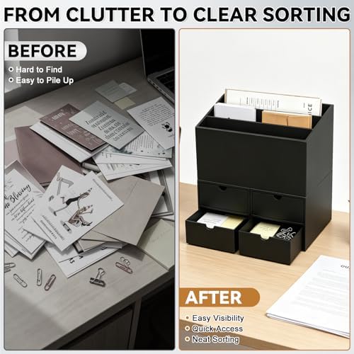 3 Sets Desktop Mail Organizer with Drawers, 3-Compartment Stepped Mail Sorter and 2-Drawer Storage Box for Bills, Letters, Envelopes, Papers, Home Office, Reception, Entryway and Mailroom