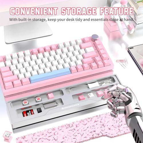 SELORSS x MANBASNAKE 68-key CNC Aluminum Alloy Keyboard Wrist Rest with Partition Storage Case, 2 Acrylic Top Covers, Ergonomic Non-Slip Support for TKL Mechanical Keyboard, Ideal for Office/Home-Pink