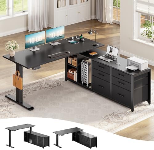 SEDETA L Shaped Electric Standing Desk with 6 Fabric Drawers, 55" x 55" Height Adjustable Office Executive Desk with Storage Shelves, Stand up Computer Desk with Power Outlet (Black)
