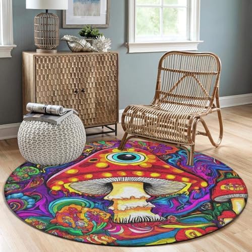 Large Round Area Rug Home Decor Modern Bathroom Rug Kitchen Office Circle Rug for Living Room Sofa Circle Cute Mat Trippy Eye Magical Mushroom Sun Moon Floral Art, 60inch