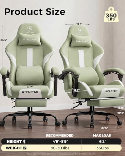 LUCKRACER Big and Tall Gaming Chair, 350Lbs Heavy Duty Office Chairs High Back Computer Chairs with Foot Rest Wide Cushion Lumbar Support Desk Chair Comfy for Adults Breathable Fabric, Green