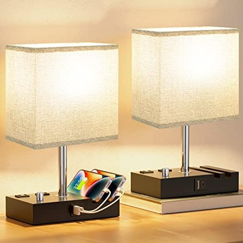 Kakanuo Grey Bedside Table Lamps Set of 2 - Dimmable, USB C+A, 2 AC Outlets