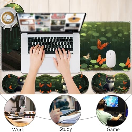 4 in 1 Mouse Pad Combo, Large Gaming Mouse Pad + Keyboard Wrist Support + Mouse Wrist Rest + Coaster, Table Pad with Stitched Edge Ergonomic Wrist Pad Set, Butterfly and Cat