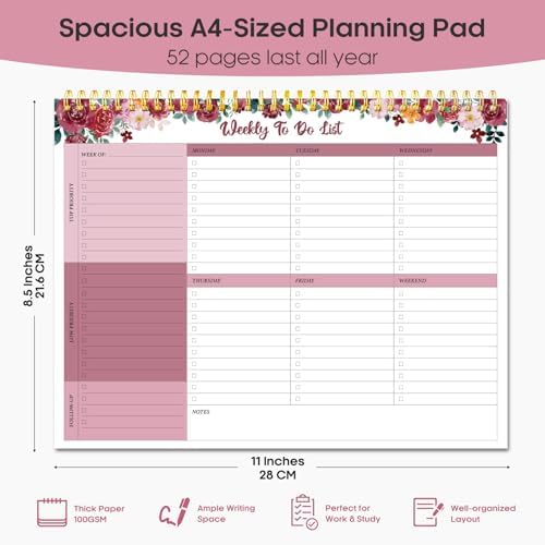 Taja Weekly To Do List Notepad, Undated Weekly Planner Pad, 8.5" x 11"