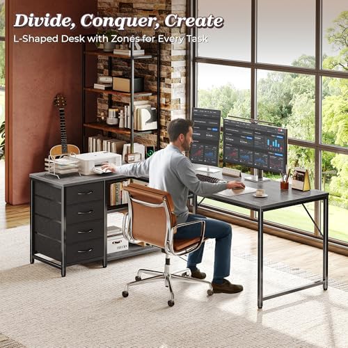 PRAISUN 61" L Shaped Desk with Power Outlets & 4 Drawers