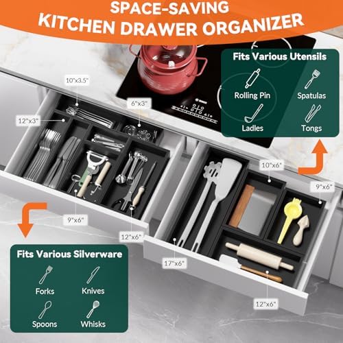 Lixple Bamboo Kitchen Drawer Organizer, 2 Pack, 10" x 6" x 2", Black