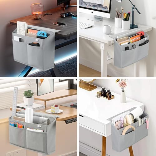 4 Pack Desk Side Hanging Organizer, Adhesive Storage Bag with Pockets for Magazine Ipad Notebook, for End Tables Home Office Desks Computer Workstations Dressing Table, Grey