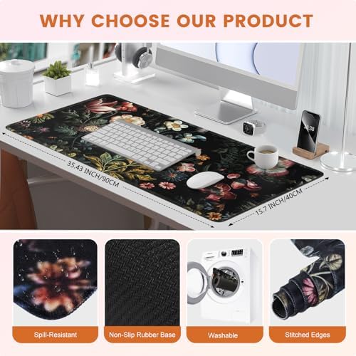 HAOCOO Vintage Floral Desk Mat for Desktop, Aesthetic Plant Desk Decor