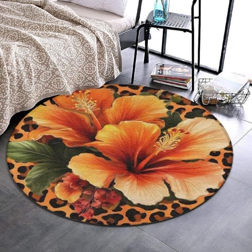 Highly Premium Quality Floor Mat, Office Chair Decor Mat, Room Sofa Yoga Soft Round Carpet Orange Yellow Flower Floral Cheetah Leopard Print, 36inch