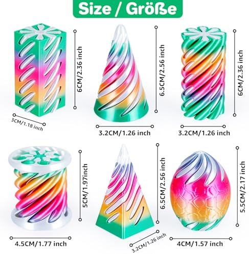 6 Packs Spiral Cone 3D Printed Fidget Toy Set, Flexible Impossible Cone Pyramid Passthrough Toys for Stress Relief,Desk Deco Relaxing for Kids Adults, Candy Gradient Rainbow & White