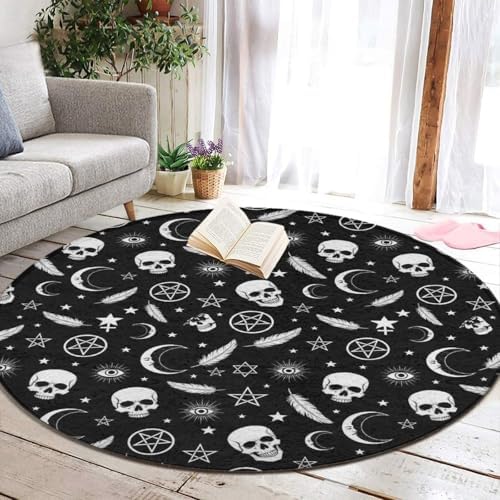 Machine Washable Modern Round Area Rug, Room Sofa Yoga Soft Round Carpet, Home Decor Non Slip Kitchen Office Circle Rug Goth Raven Crow Skull Moon Star Gothic Witch Magic Spirit Board