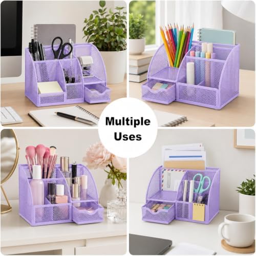 Exerz Metal Mesh Desk Organizer 7 Compartments with Drawer Light Purple