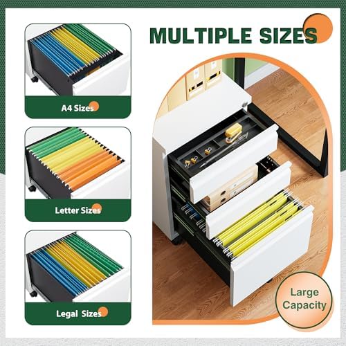 Letaya 3 Drawer Mobile File Cabinet with Lock, Under Desk Metal Filing Cabinets for Home Office Organizer Letters/Legal/A4(Fully Assembled-White) (Pack of 2)