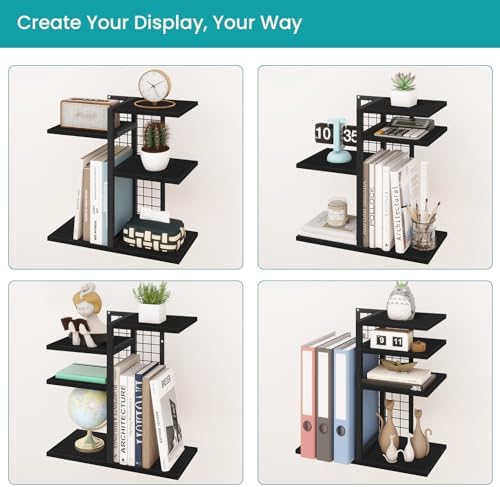 ELITEROO Desktop Bookshelf, 4 Tier Wood Desk Organizer Shelf, Tabletop Storage Shelf Rack for Office Supplies, Desk Decorations for Women Office, Rustic Black