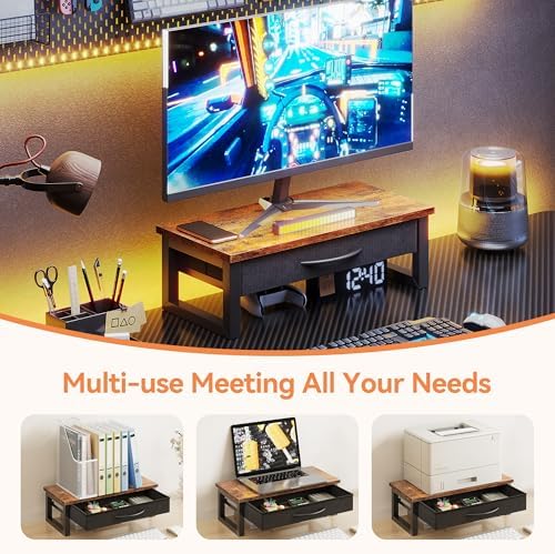 Computer Monitor Stand Riser with Drawer, 2-Tier Desk Accessories & Workspace Organizers, Laptop Stand for Desk with Storage, Office Organization, Wood