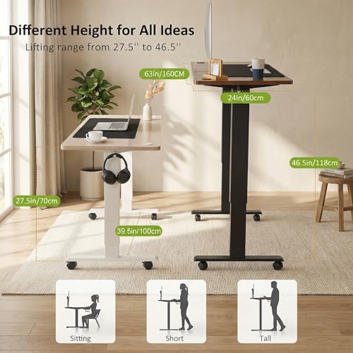 farexon Electric Standing Desk 63 x 24In with Power Outlets, Adjustable Height Stand up Desk with Large Mouse Pad, Double Hooks and 4 Wheels, 27''-46'' Lifting Range, Easy to Set for Home/Office(Oak)