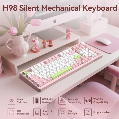 AUSDOM H98 Pink Creamy Mechanical Keyboard, 96% Silent Quiet Wireless Keyboard with Number Pad, Hot Swappable Gaming Keyboard 2.4G/BT/USB-C with RGB Backlit, 8000mAh Battery, 98 Keys for Mac/Win