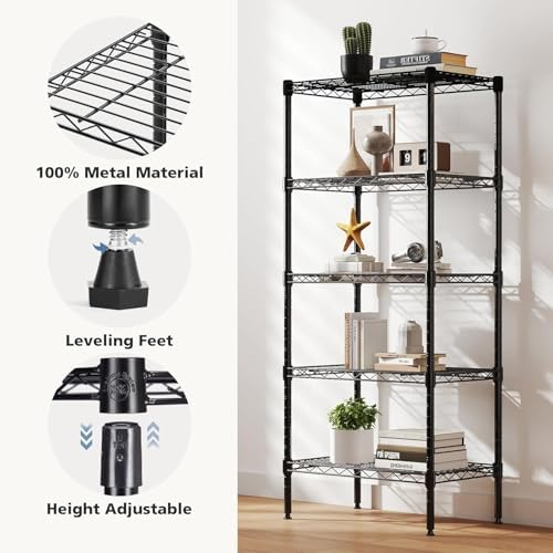 HealSmart 5-Tier Metal Wire Storage Shelves, Adjustable Standing Storage Rack Shelf, Heavy Duty Steel Shelving Unit Organizers for Kitchen Bathroom Pantry Garage, 23.3" W×13.4" D×60" H, Black
