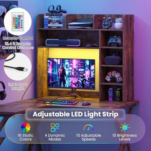 Tangkula Desktop Bookshelf with LED Lights, Desk Hutch with 8 Shelves for Max 25" Monitor, Desktop 5-Tier Display Rack, Multipurpose Wood Desktop Storage Hutch Organizer for Dorm Office Home