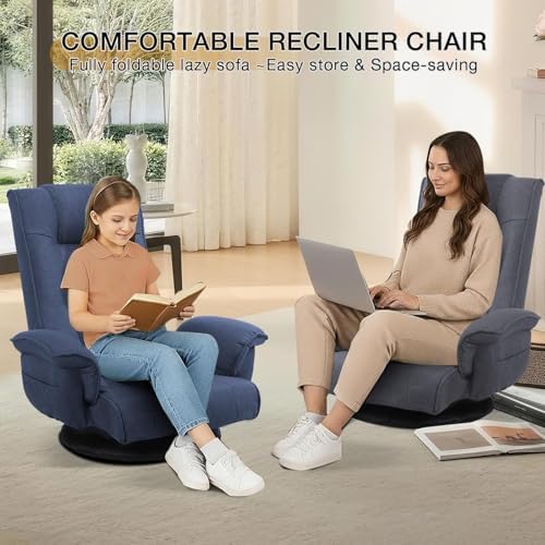 Linen Fabric Ergonomic Gaming Chair, 6-Position Reclining Sofa Bed with Lumbar Support, Foldable Floor Lounger with Thick Cushion, Armrests & Side Pockets for Esports, Reading, Napping (Gray)