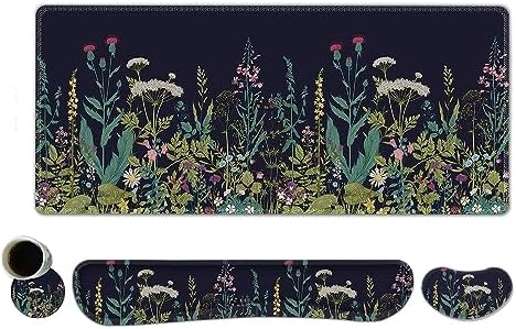 ToLuLu Extended Gaming Mouse Pad, Memory Foam Ergonomic Keyboard Mouse Wrist Rest Support Set, Large Desk Mat with Stitched Edges, Non-Slip Base Mousepad for Home Office Game, Weeds Plants