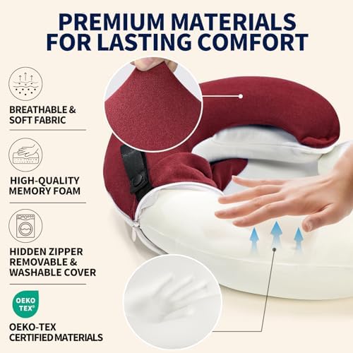 BUYUE Travel Neck Pillows for Airplanes, Memory Foam 360° Head Support Sleep for Long Flight, Skin-Friendly & Breathable, Kit with Eye Mask, Earplugs and Storage Bag (Adult, Red, 90+ lbs)