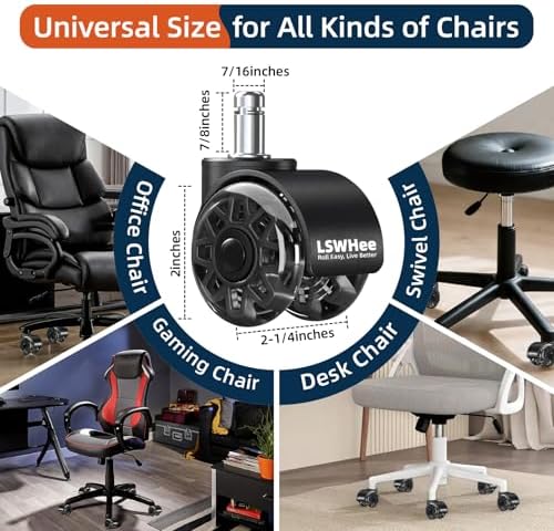 2 Inch Office Chair Wheels, 7/16" Universal Stem, Black, 5 Pack