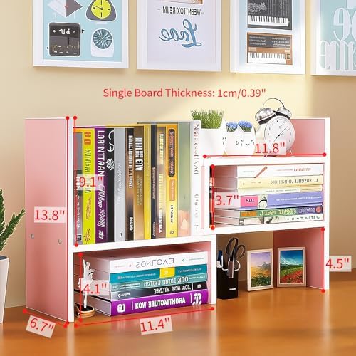 Desktop Shelf Organizer, Adjustable Wood Office Storage Rack, Counter Display Small Bookshelf for Home/Office/School(Pink)