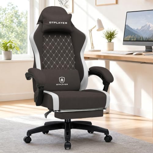GTPLAYER Gaming Chair with Footrest Fabric Office Chair with Pocket Spring Cushion and Linkage Armrests, High Back Ergonomic Computer Chair with Lumbar Support Task Chair Brown