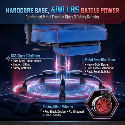 Big and Tall Gaming Office Chair 400lbs - Heavy Duty Ergonomic Computer Desk Chair with Footrest, Adjustable Armrests, High Back PU Leather with Racing Style (Blue/Red)